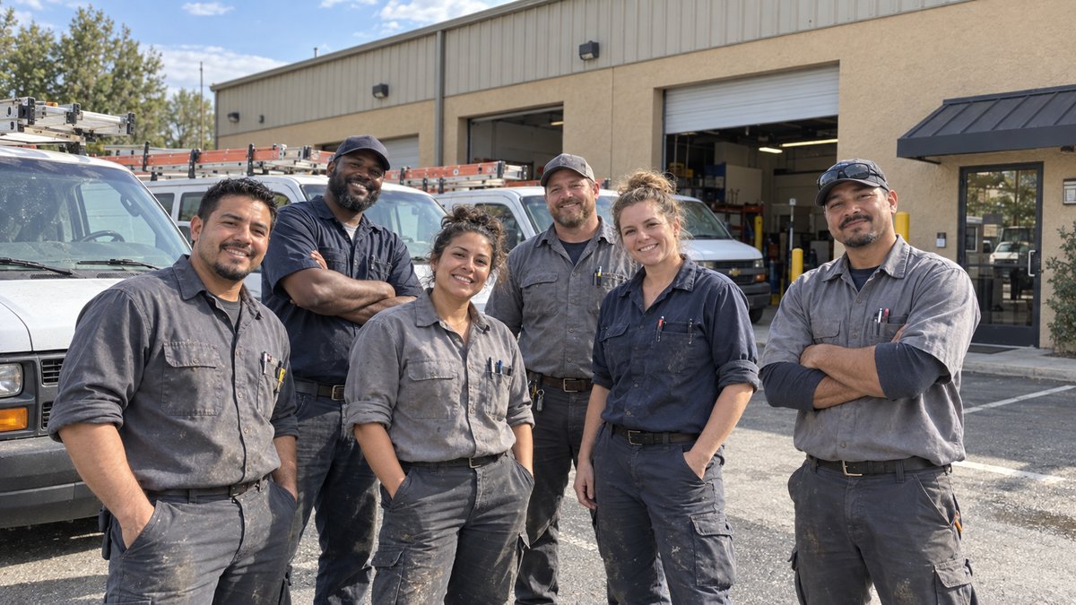A service crew in front of their vans