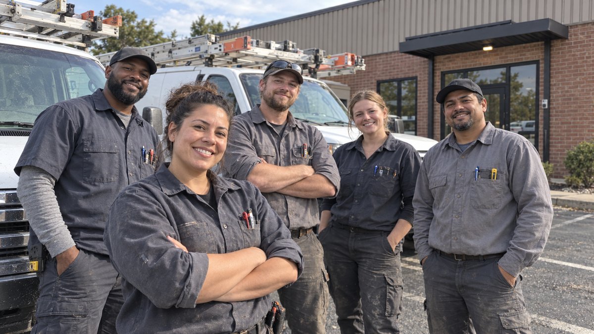 A service crew outside their shop