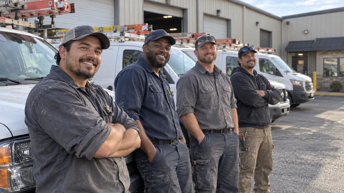 A service crew lined up by their trucks
